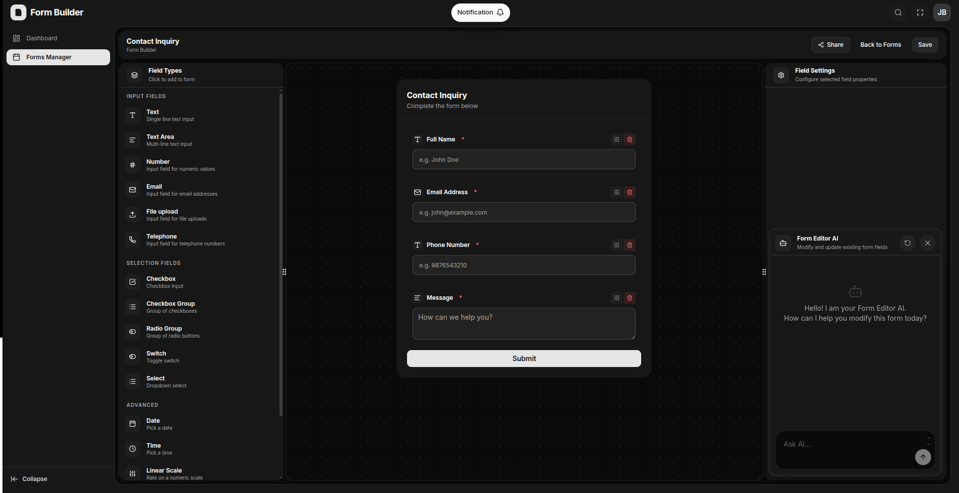 FormBuilder visual drag and drop canvas