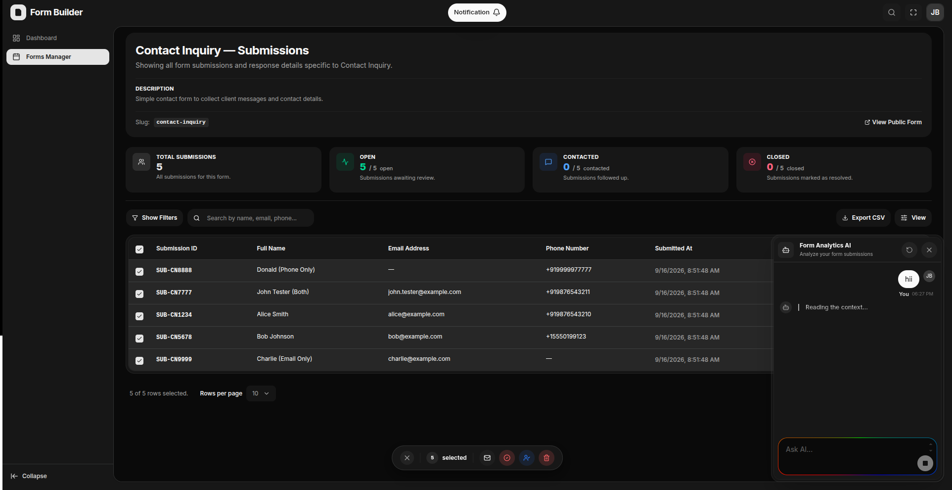 AI Data Analyst agent inspecting form submission data