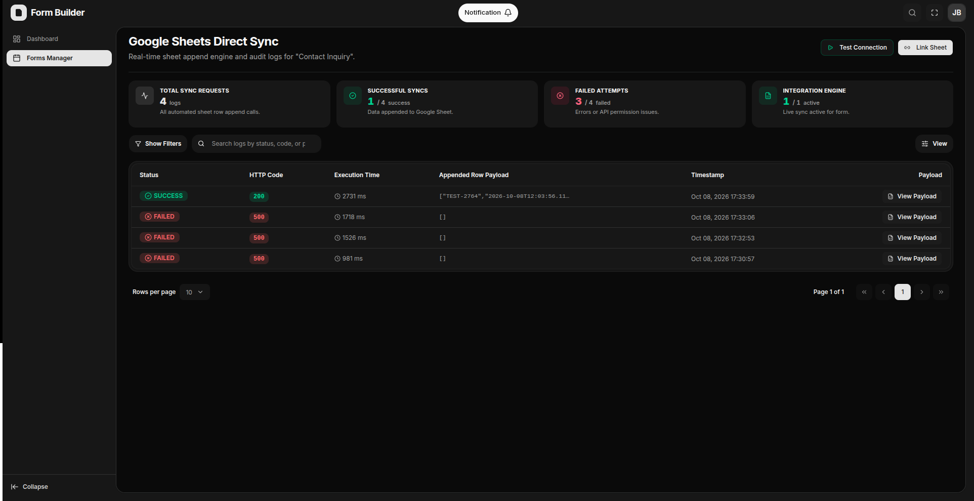 Google Sheets direct sync integration with live failure logs