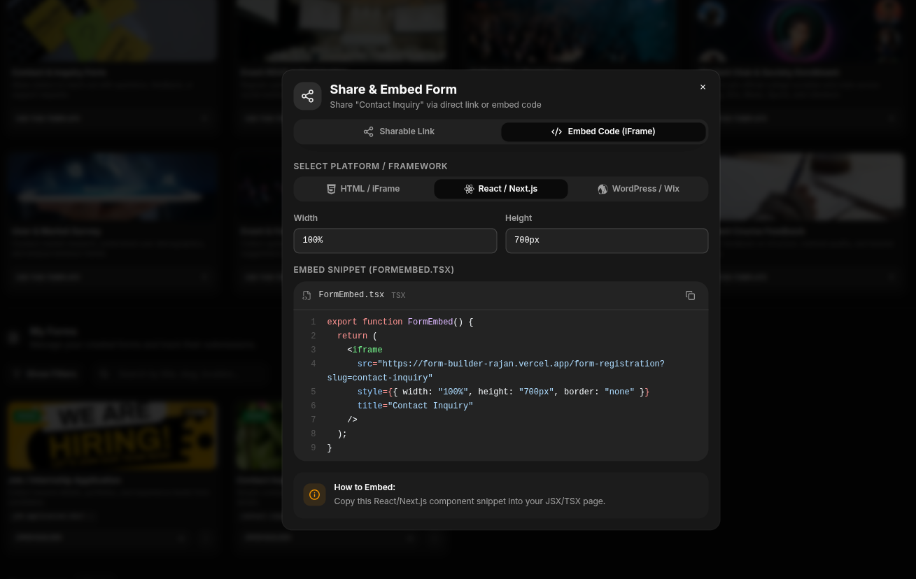 Direct website embed and public form sharing controls